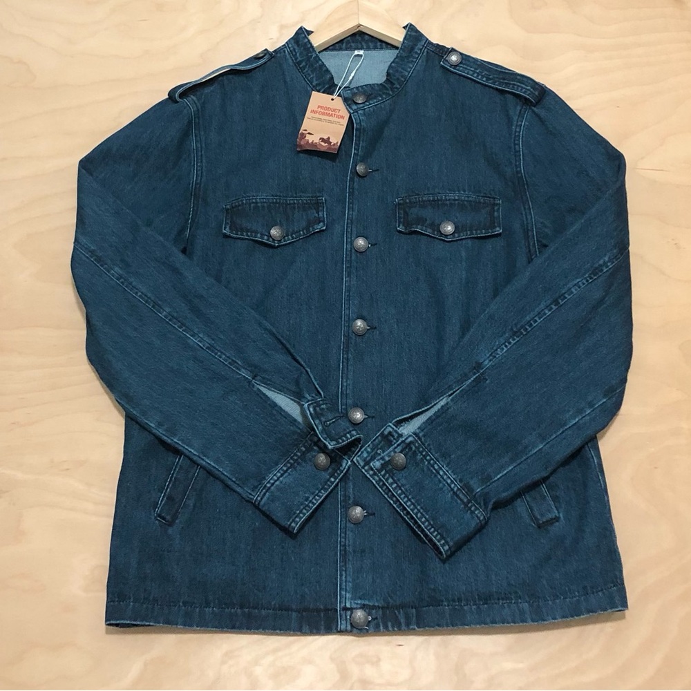 Men's Denim Military-Style Jacket - Blue XL Stand Up Collar Buttoned.